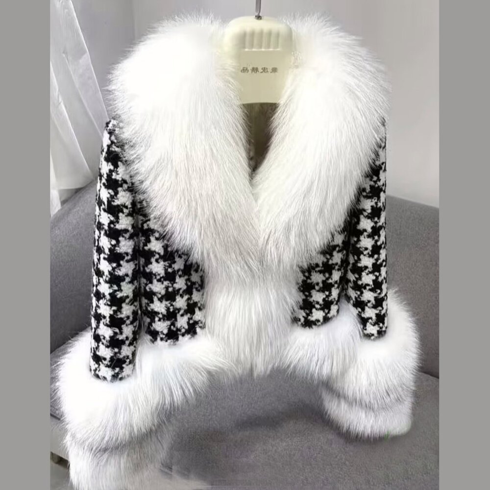 NWT: Size 12  Houndstooth Tweed & White Faux Fur Crop Jacket with Belt - Picture 2 of 3